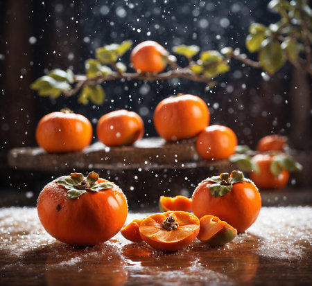Fresh ripe persimmon fruits on wooden table with falling snow.の素材