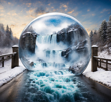 Crystal ball with waterfall in the forest. Winter landscape. Mirror ball.の素材