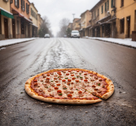 Pizza on the street in the winter. Pizza on the street.の素材