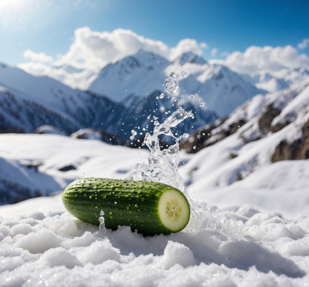 Cucumber in the snow with splashes of water and mountains in the backgroundの素材