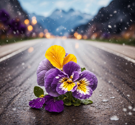 Purple pansy flowers on the asphalt road under the snowfallの素材