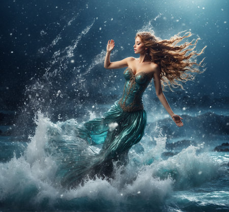 Beautiful mermaid with flying hair in the sea. Fantasy image.の素材