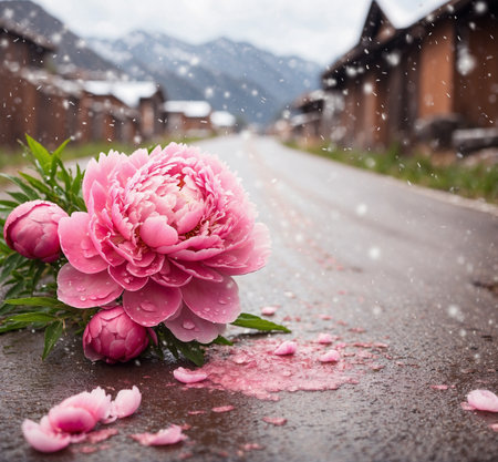 Beautiful peony flowers with rain drops on the asphalt road.の素材