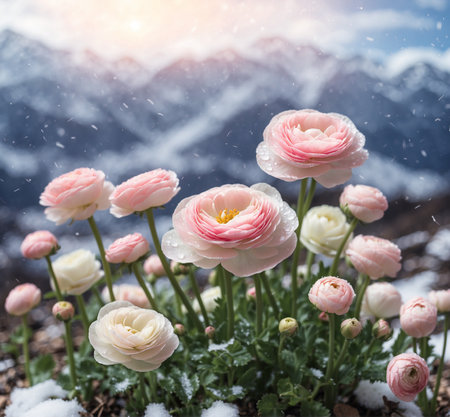 Beautiful pink ranunculus flowers with snow in the mountains.の素材