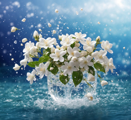 White jasmine flowers in vase with water drops on blue backgroundの素材