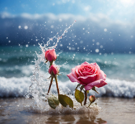 Beautiful pink rose on the background of the sea and water splashesの素材