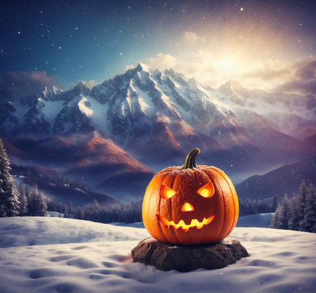 Halloween pumpkin in snowy mountains. Halloween holiday concept.の素材