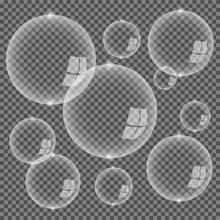 Set of realistic transparent white soap bubbles with rainbow reflection isolated on checkered background. Vector texture.のイラスト素材
