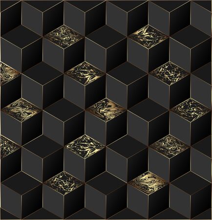 Abstract decoration, golden pattern, halftone gradients, 3d Vector illustration. Black, gold waves Cover template, geometric shapes, modern minimal banner.のイラスト素材