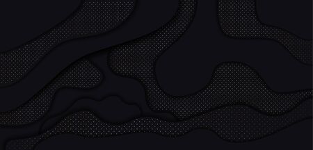Black paper cut background. Abstract realistic papercut decoration textured with wavy layers and golden halftone effect pattern. 3d topography relief. Vector illustration. Cover layout template.のイラスト素材