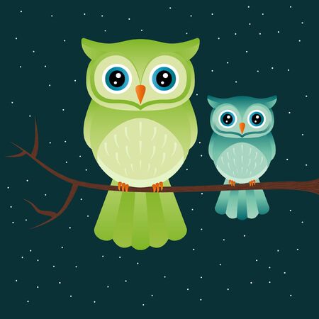 Illustration of a great horned owl on a branch vector illustration on dark night background with starsのイラスト素材