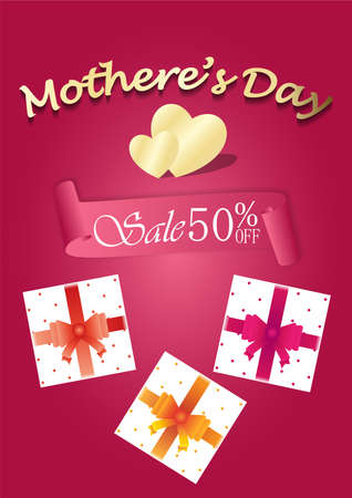 Mother's day sale banner with gift boxes on pink background, Mother's day 50% sale vector illustration.のイラスト素材