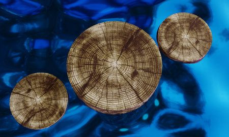 Wooden cross section of a tree trunk on blue water background.の写真素材
