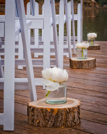 Single White Peonies in Clear Vases on Tree Trunk Cuttings Line the Wedding Aisle and  White Chairsの写真素材