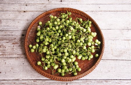 Turkey berry in the threshing basket on wooden tableの写真素材
