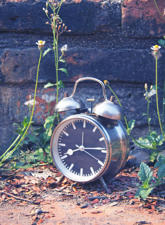 still life with vintage retro alarm clock on old brick backgroundの写真素材