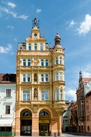 Ceske Budejovice central square, yellow biulding, czech republic