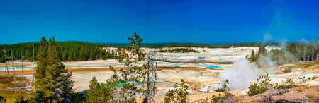 Geothermal pools at Porcelain Basin boardwalk trail inside Norris Geyser Basinの写真素材