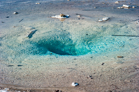 Deep azure thermal spring by in Yellowstone National Park. High quality photo