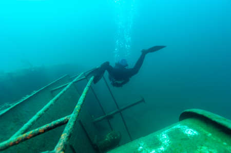 Diver exploring a Great Lakes shipwreck found in Lake Superior