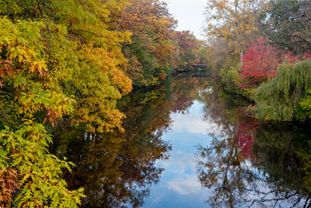 Red Cedar river winding through Michigan State University campus during the Fallの写真素材