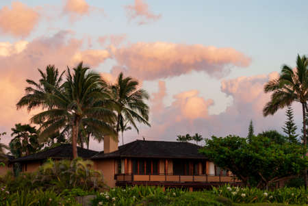 Princeville, Hawaii - May 06, 2015: Oceanfront home at sunsetのeditorial素材