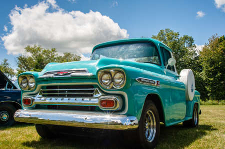 Grand Ledge, MI - July 8, 2017: Front of a Green Aqua 1958 Chevy Apache profileのeditorial素材