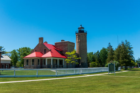 Mackinaw City, MI - June 17, 2022: Grounds for the Old Mackinac Point Lighthouseのeditorial素材