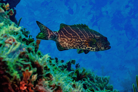 Digitally created watercolor painting of a Tiger Grouper swimming over coral
