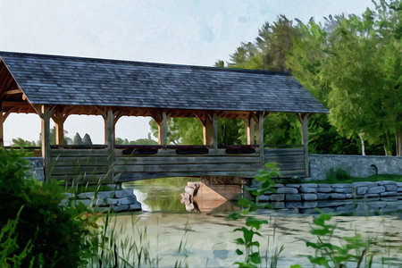 Alpena Michigan, USA - July 19, 2021: Digitally created watercolor painting of Duck Park Covered Bridge, in Alpenaのeditorial素材
