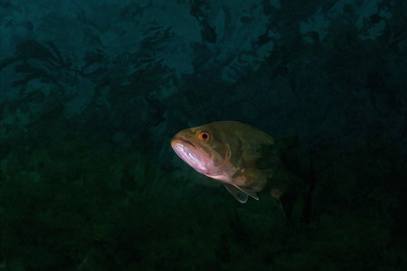 Digitally created watercolor painting of a smallmouth bass swimming in a Michigan inland lake.の写真素材