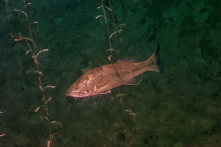 Digitally created watercolor painting of a smallmouth bass swimming in a Michigan inland lake.の写真素材