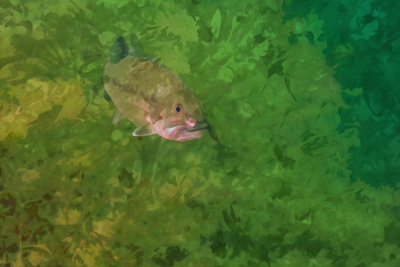 Digitally created watercolor painting of a smallmouth bass swimming in a Michigan inland lake.の写真素材