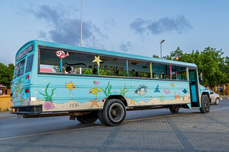 KRALENDIJK BONAIRE - OCTOBER 21, 2016: Blue party bus parted on the streetのeditorial素材