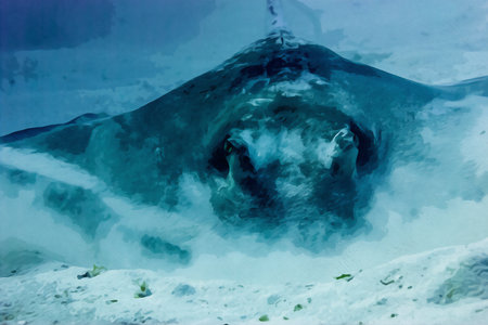 Digitally created watercolor painting of a common stingray swimming searching for food in the sand