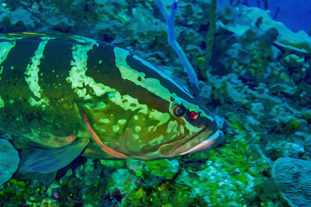 Digitally created watercolor painting of Nassau Grouper Epinephelus striatus swimming underwater