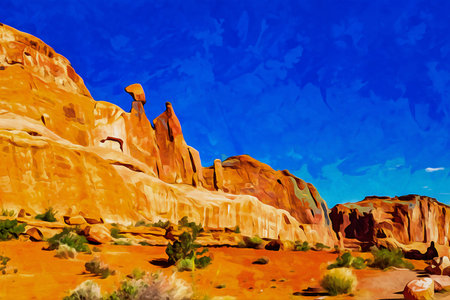 Digitally created watercolor painting of Park Avenue Trailhead view in Arches National Park, Moab, Utahの写真素材