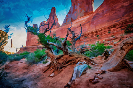Digitally created watercolor painting of Park Avenue Trailhead with dead tree in Arches National Park, Moab, Utahの写真素材