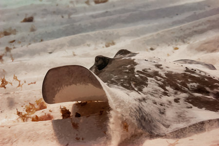 Digitally created watercolor painting of a common stingray flying across the sandy ocean floorの写真素材