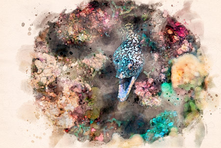 Digitally created watercolor painting of a Spotted Moray Eel hiding on a coral reefの写真素材