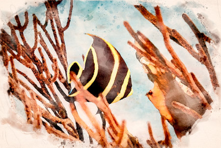 Digitally created watercolor painting of Juvenile French Angelfish Pomacanthus paru swimming over the coral reefの写真素材