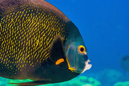 Digitally created watercolor painting of an adult French Angelfish Pomacanthus paru in a blue oceanの写真素材
