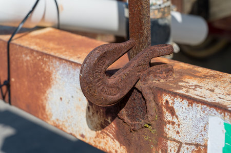 Steel hook welded onto a bumper used to secure a chain on equipmentの写真素材