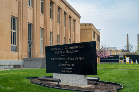 Lansing MI - May 6, 2023: Sign for the Charles Chamberlain Federal Building