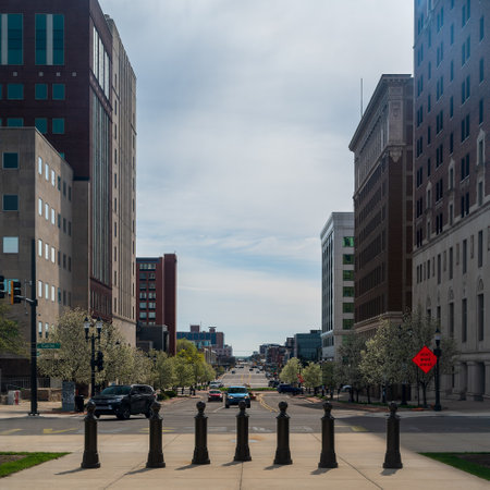 Lansing MI - May 6, 2023: View of Michigan Avenue from the Michigan Capitol Buildingのeditorial素材