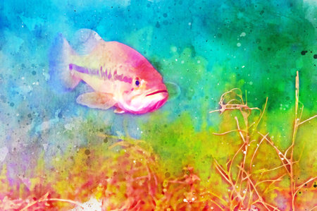 Digitally created watercolor painting of a largemouth bass swimming in an inland lakeの写真素材