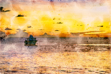 Digitally created watercolor painting of a vibrant sunset with strong orange hues and a silhouetted sailboatの写真素材