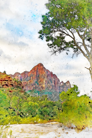 Digitally created watercolor painting of the Watchman mountain from the Virgin River in Zion National Parkの写真素材