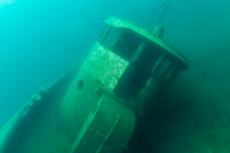 The pilot house of the Selvic shipwreck found in Murray Bay near Grand Island Munisingの写真素材