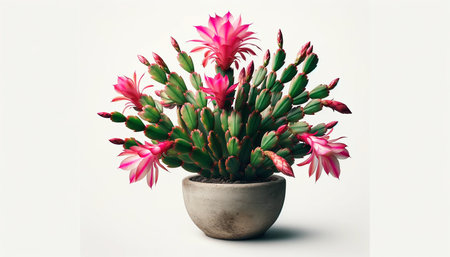 Potted Christmas or Easter Cactus Schlumbergera With Pink Flowers on White Backgroundの素材